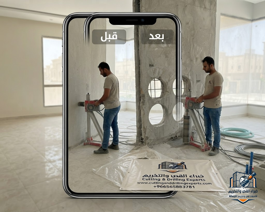 تخريم الخرسانة المسلحة بحي الروضة جدة لعمل فتحات دقيقة للمواسير والكابلات وأنظمة التهوية بدون تشققات